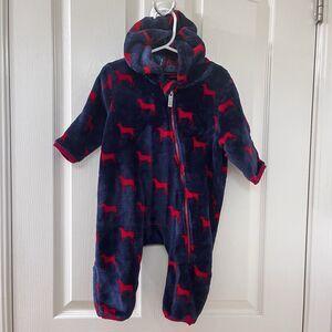 Hatley Fleece Red Dog Print Baby Bunting Suit Navy Blue Boys Size 9-12 Months